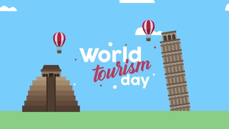 world tourism day lettering with landmarks