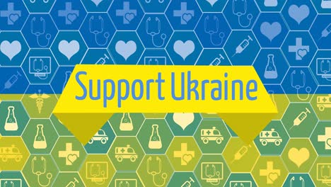 Animation-of-support-ukraine-text-over-medical-icons