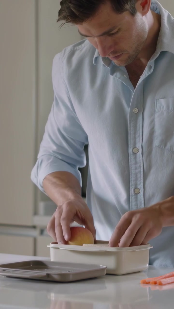 Vídeo vertical: Homem de camisa azul preparando o almoço, abrindo caixa bege e colocando sanduíche e fruta no balcão.