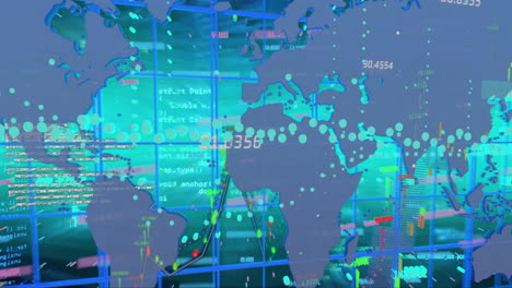 animación de codificación binaria y procesamiento de datos financieros sobre el mapa del mundo
