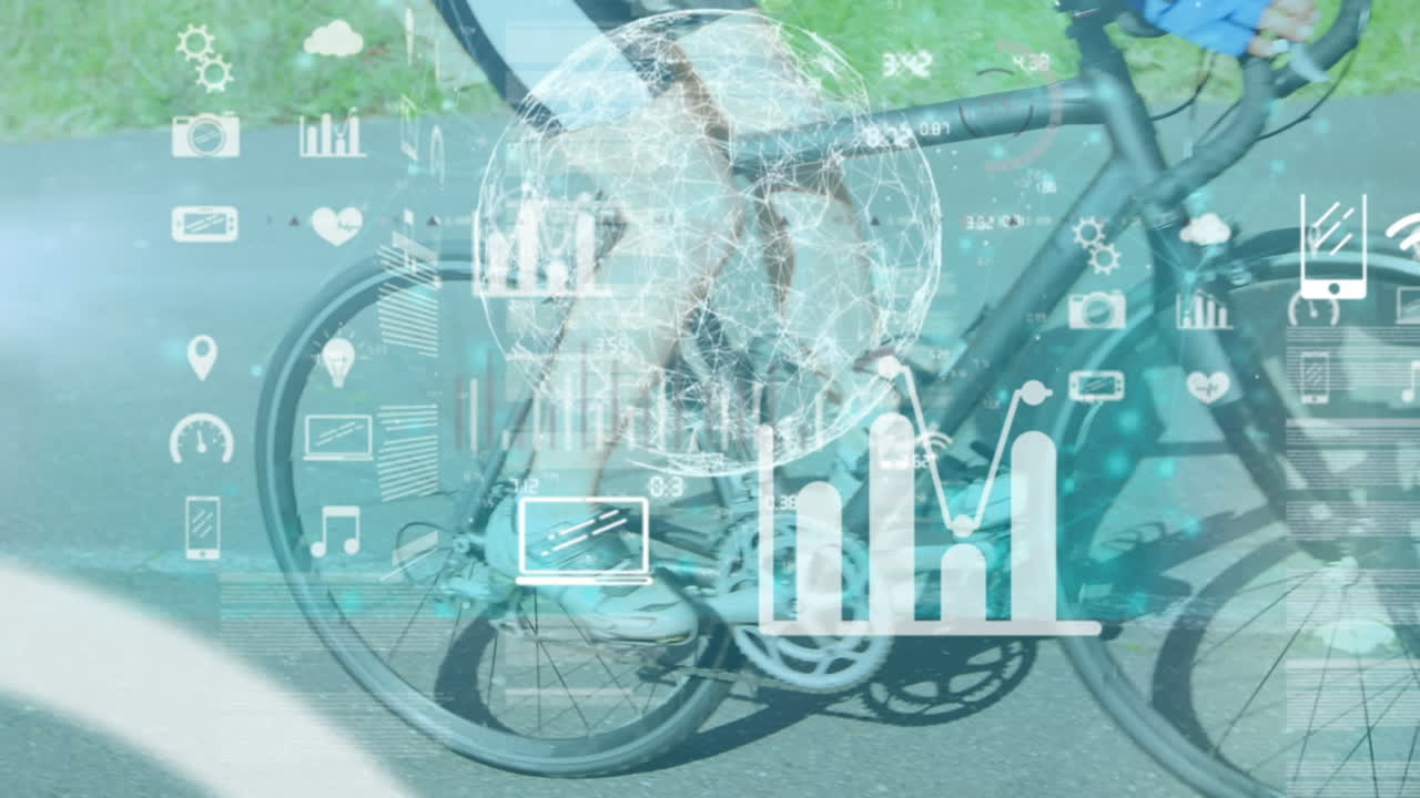 animación del procesamiento de datos sobre una mujer caucásica montando en bicicleta
