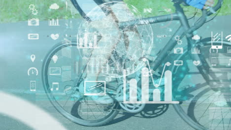animation of data processing over caucasian woman riding bike