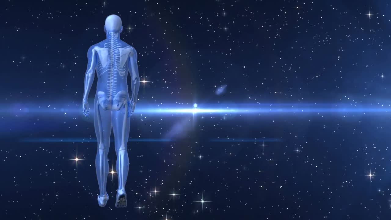 落ちる星の暗い背景で歩いている人間のプロトタイプの後ろの景色