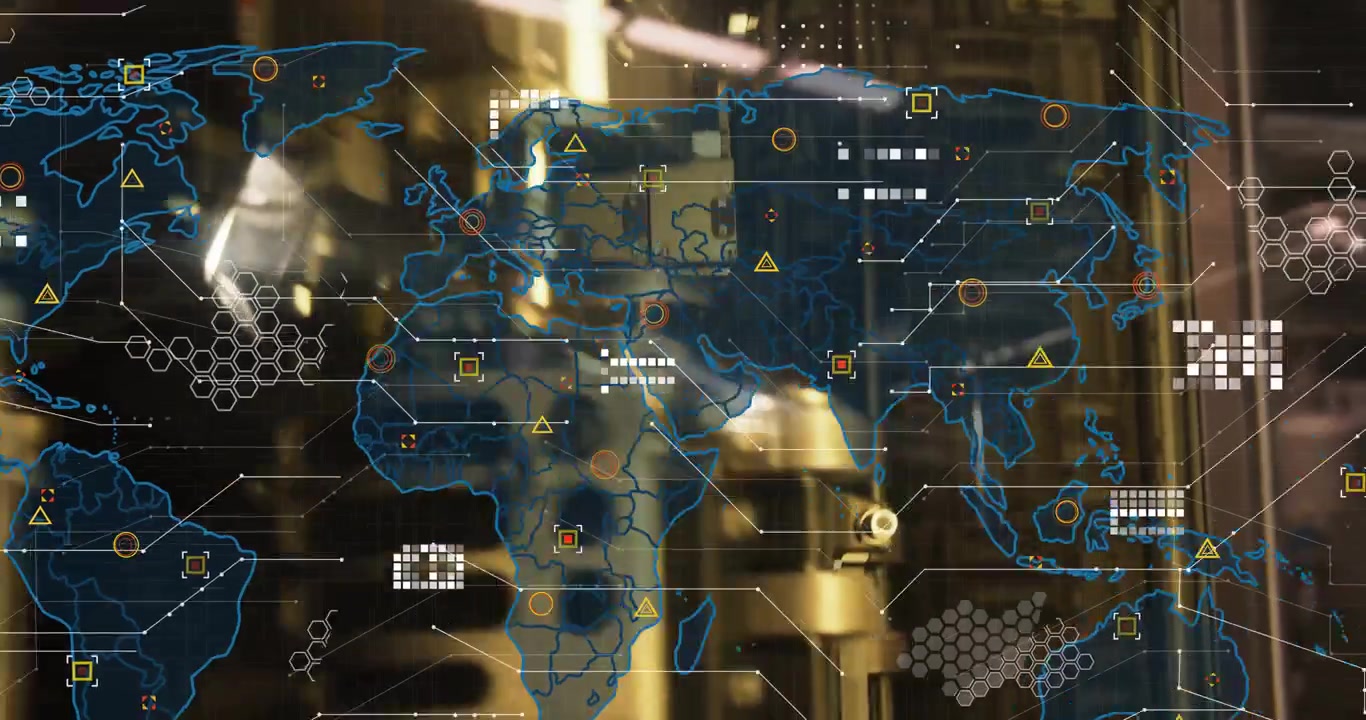 Opening on gold pistons, continent fading into map, icons appearing, grid forming, visualizing data