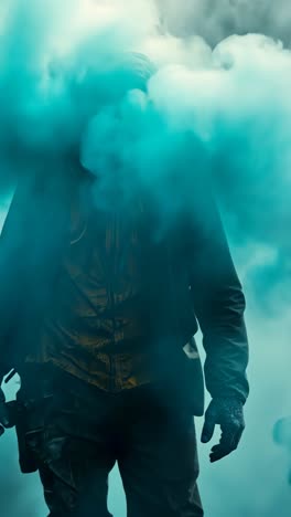 mysterious figure walking through colorful smoke at outdoor location