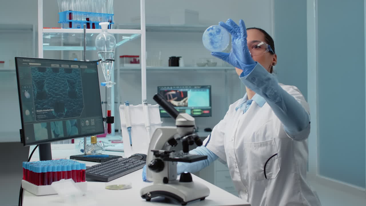Scientist working in a laboratory with microscope and computer
