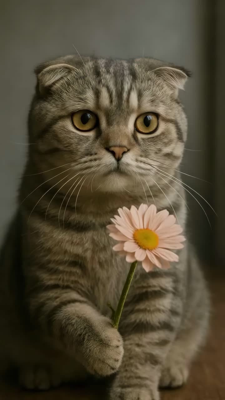 Close-up video still of a Scottish Fold cat holding a daisy. The soft focus and warm lighting