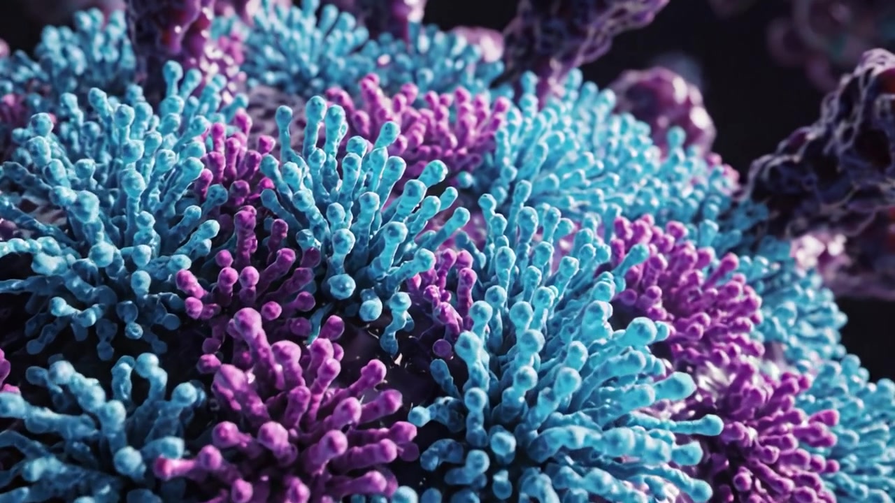 Une vue rapprochée époustouflante d'une structure virale affichant des spicules protéiques complexes et des couleurs vibrantes dans un paysage microbien artistique