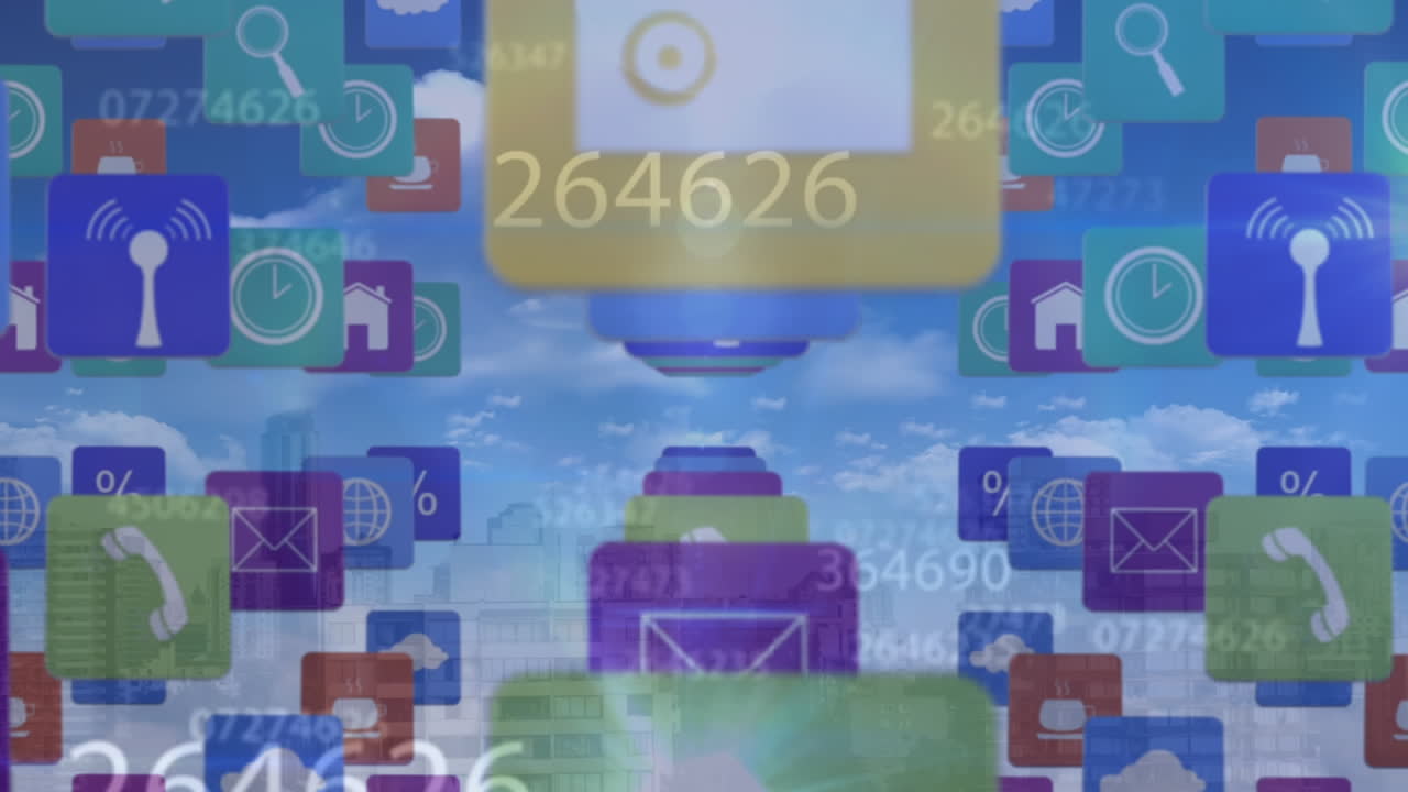 클라우드 상의 데이터 처리 및 미디어 아이콘의 애니메이션