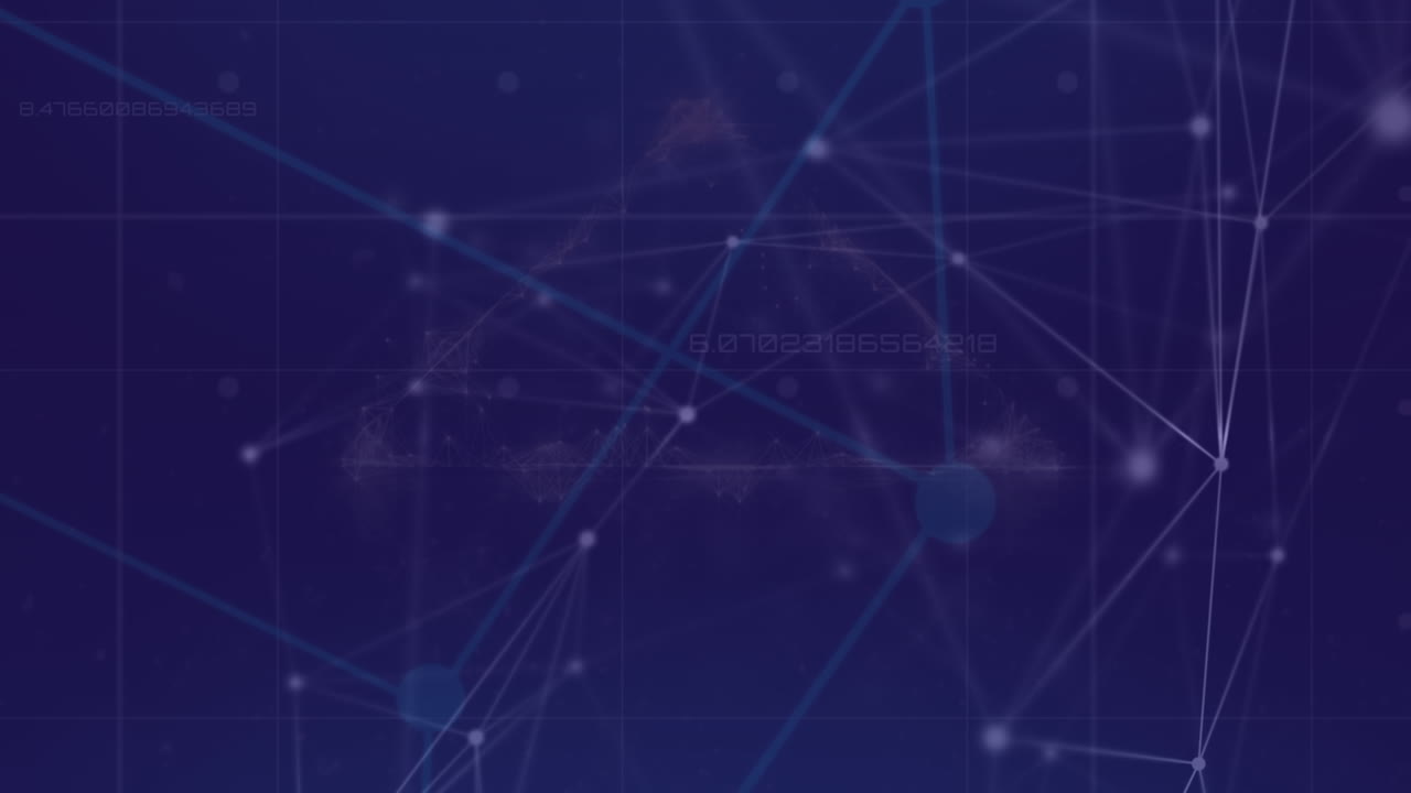 animación de la red de conexiones y procesamiento de datos sobre fondo azul