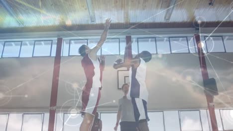 Animación-De-Red-De-Conexiones-Durante-Partido-De-Baloncesto-En-Gimnasio