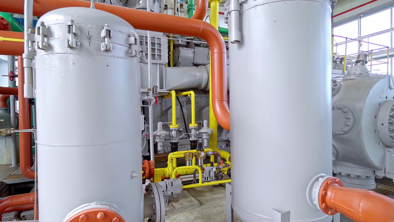 Rivelazione aerea: attrezzature di processo di impianti industriali con condotte, recipienti a pressione, valvole e macchinari pesanti all'interno di un moderno impianto di produzione o energetico.