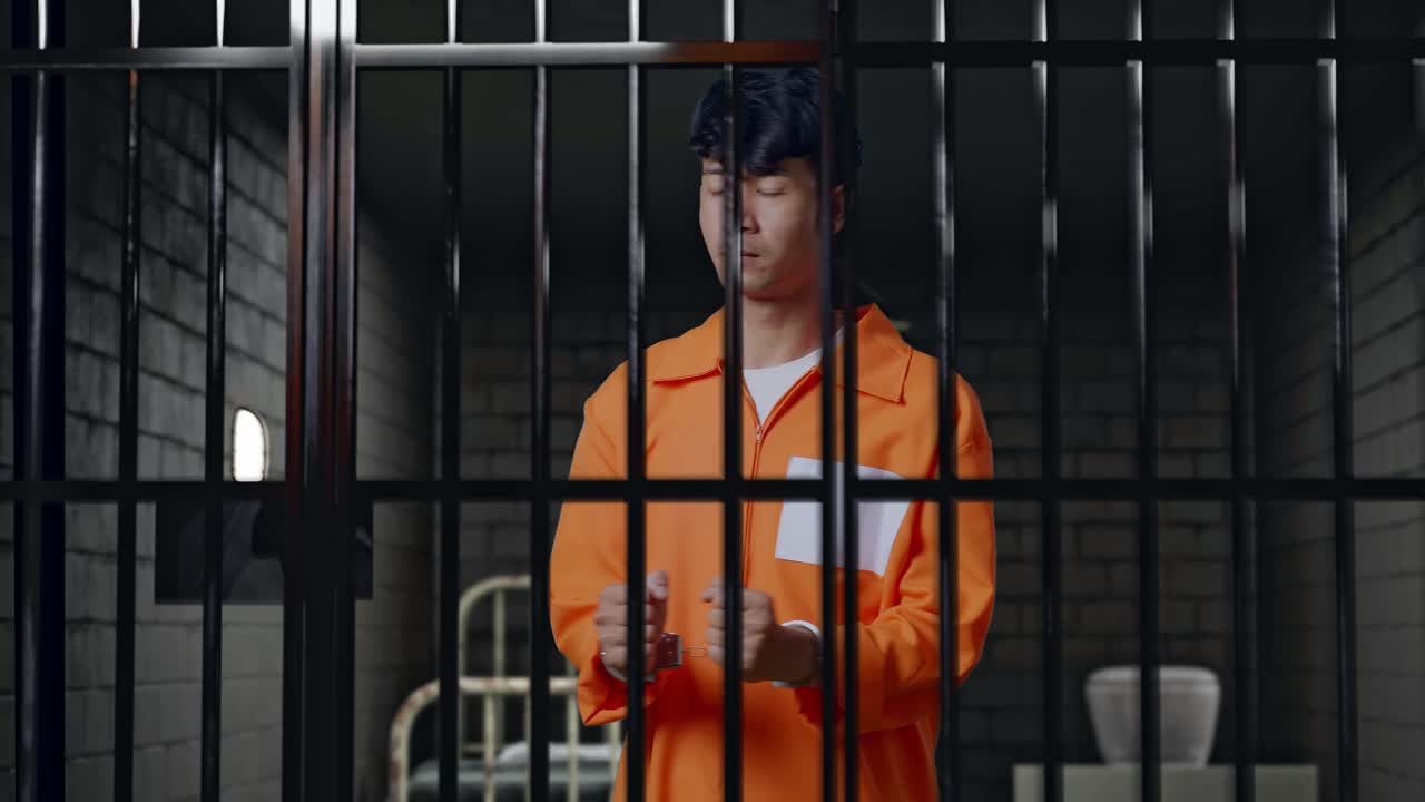 Asian Male Prisoner In Handcuffs Standing In Prison, Raising Head And Turning Around