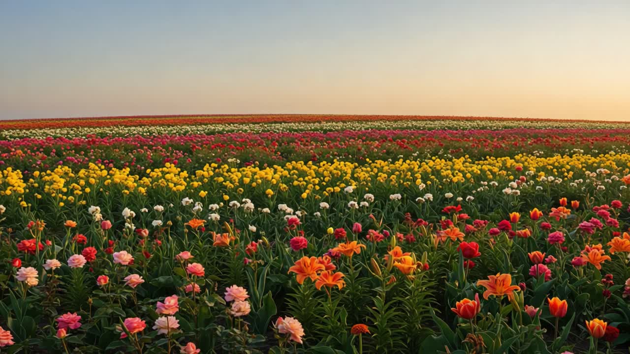 A Vibrant Horizon of Colorful Tulips Blooming in a Vast Field Under a Serenity-Laden Sky During the Golden Hour, Capturing Nature's Artistic Palette of Springtime Beauty