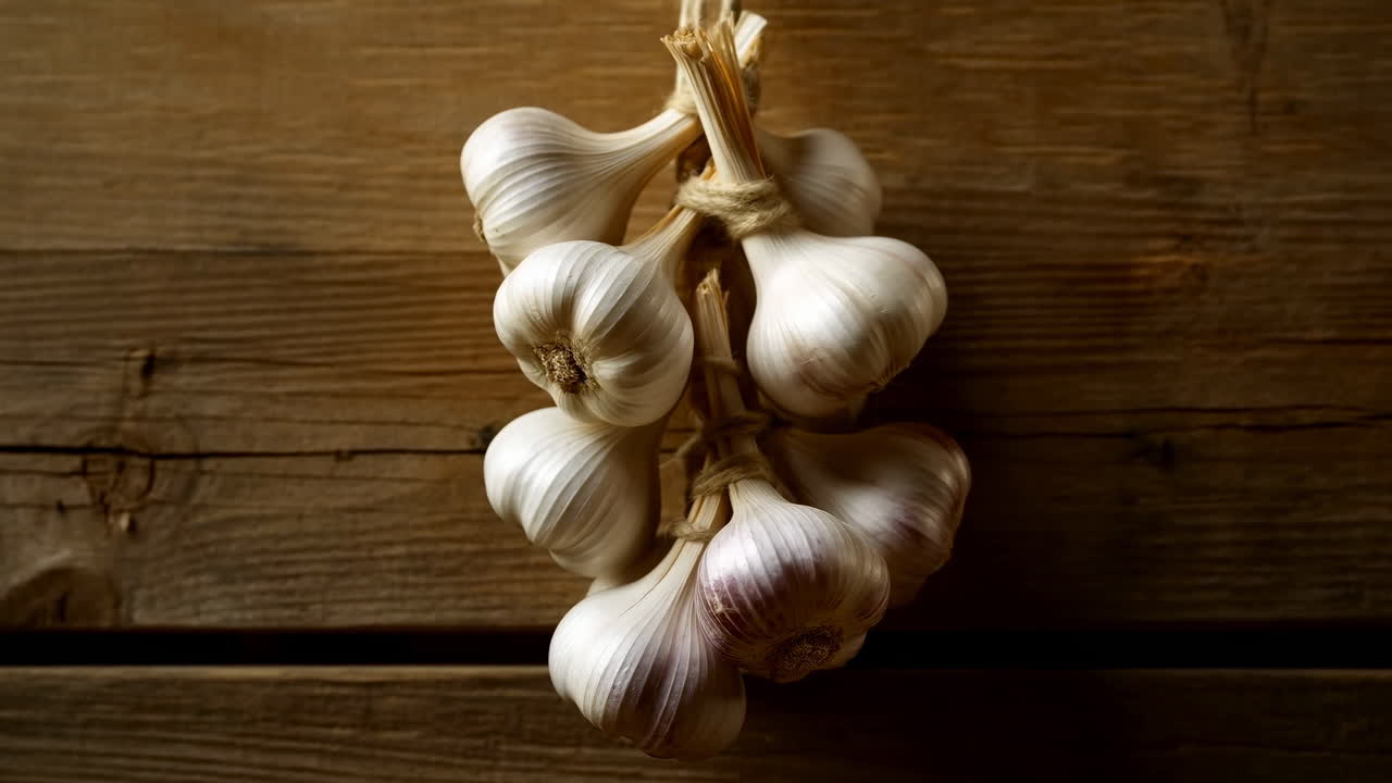 Mazzo di teste d'aglio appese su uno sfondo di legno rustico
