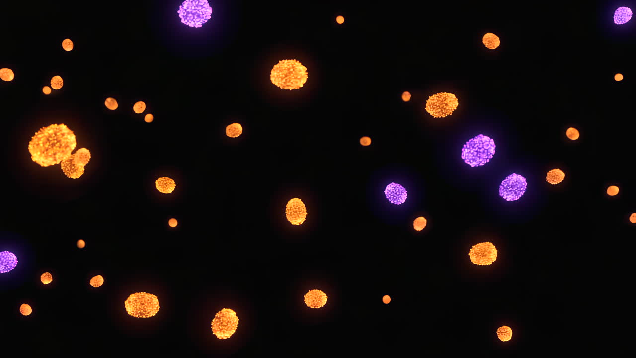 Glowing orange and purple particles moving dynamically across a black background. Ideal spooky, magical and elegant abstract background for Halloween and horror themes.