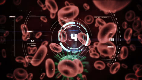 Animation-of-circular-scanner-over-red-blood-cells-and-covid-19-cell,-with-data-processing