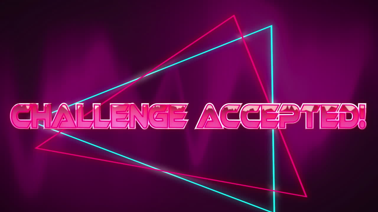 Animation of illuminated challenge accepted text and triangular shapes on purple background