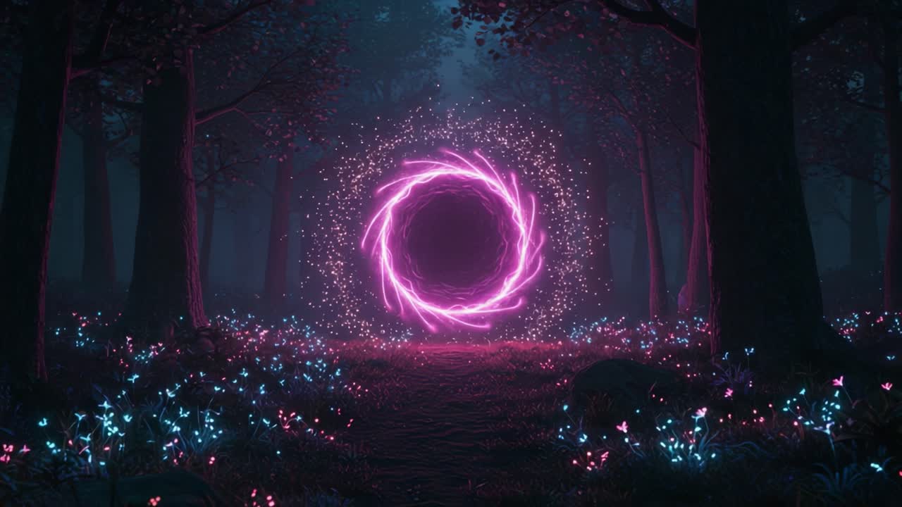 A Mysterious Portal Emerges in a Vibrant Enchanted Forest, Surrounded by Luminous Flowers and Glowing Particles, Creating a Magical Atmosphere