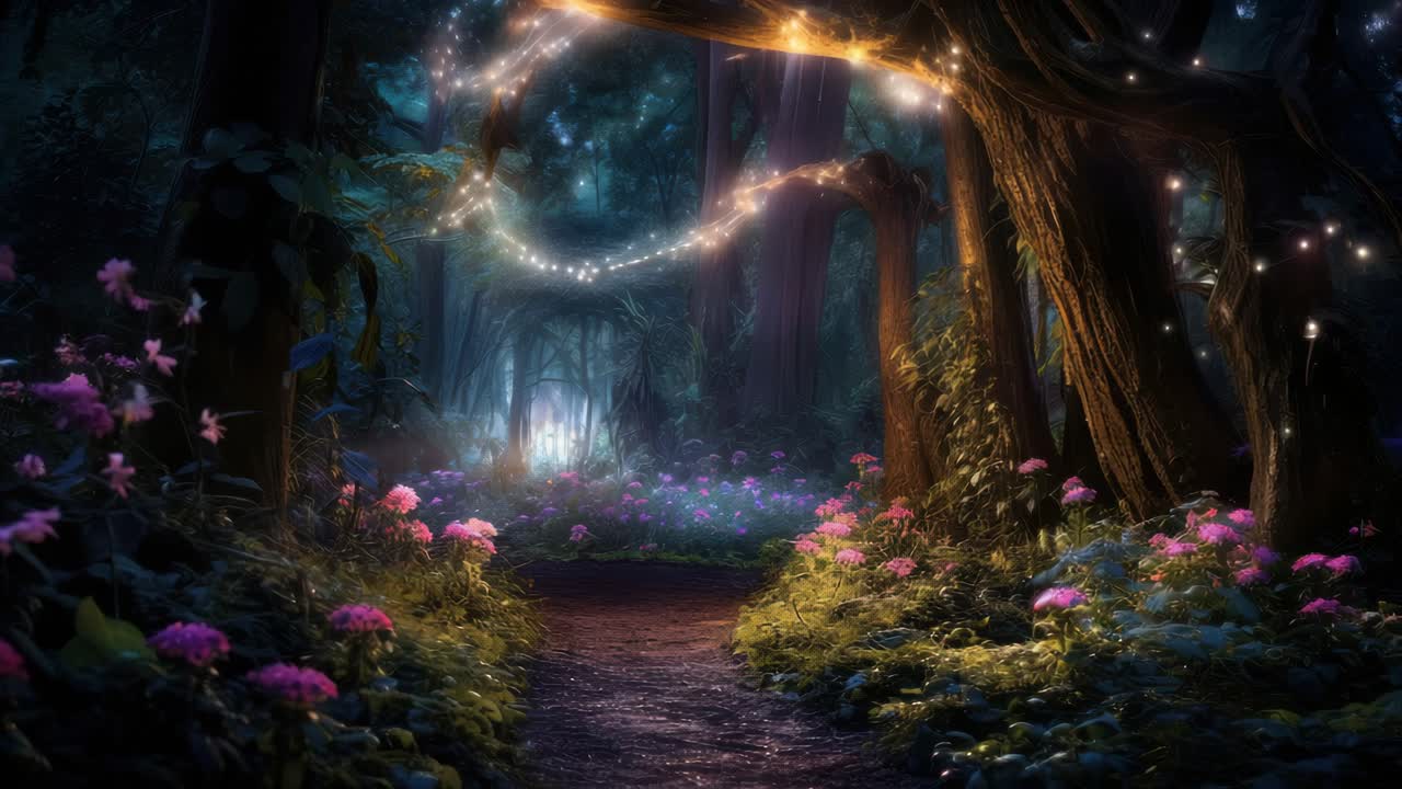 Enchanted forest scene with glowing lights and flowers, captured from a low angle