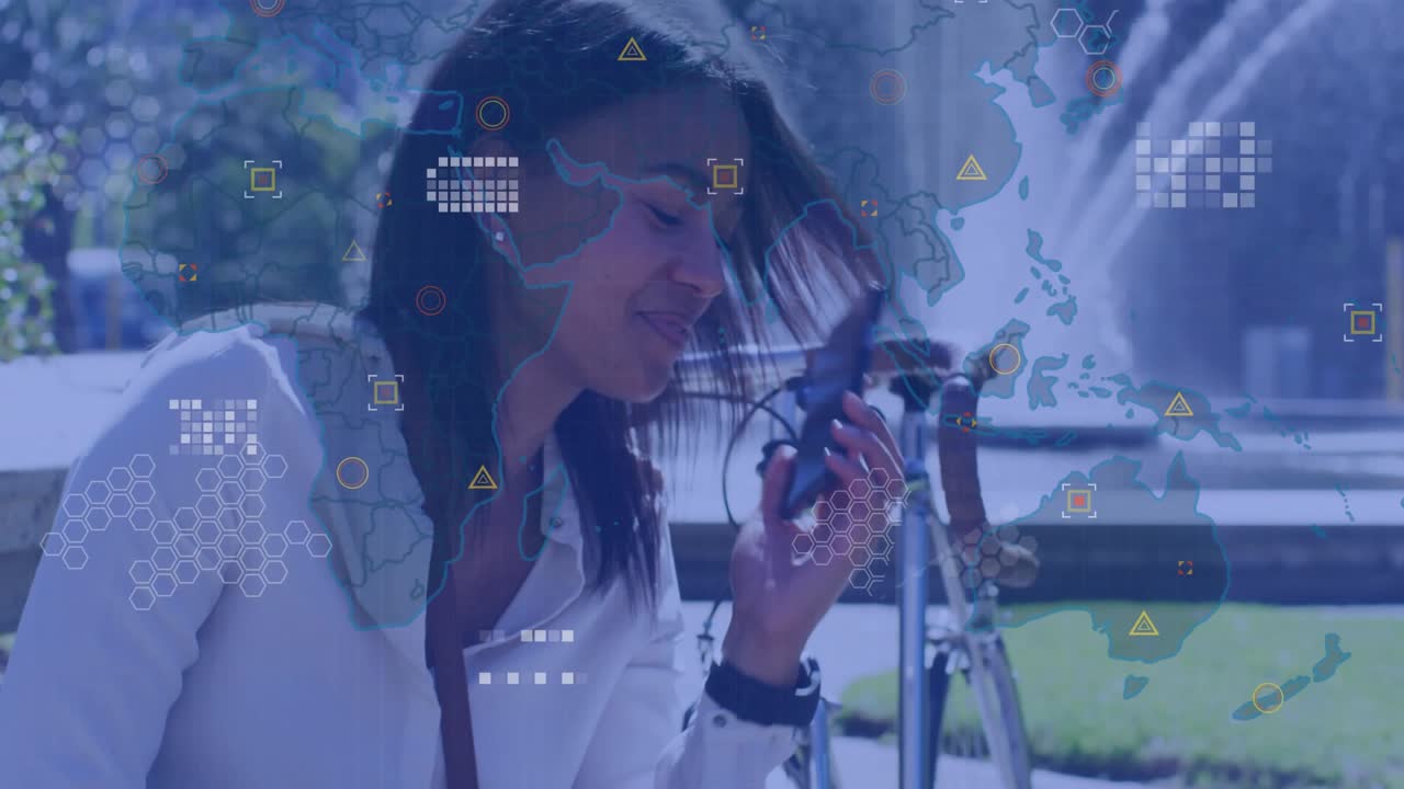 Woman sitting low wall taking call in plaza, phone call initiating tech HUD map highlighting route