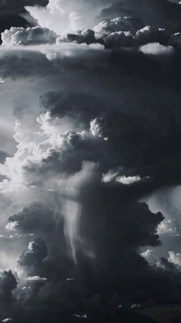 Video vertical: Mostrando el núcleo de una tormenta liberando una columna de lluvia en el cielo con corrientes ascendentes, yunque retroiluminado