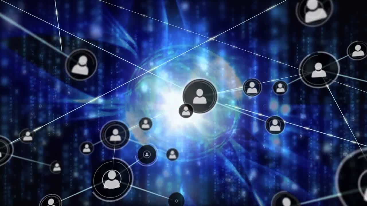 animación de la red de conexiones con iconos sobre el procesamiento de datos y un globo sobre fondo negro