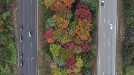 Bird&#039;s eye view top down drone footage over Route 495 in Marlboro, Massachusetts