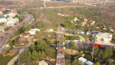 aerial view of a town with communication tower