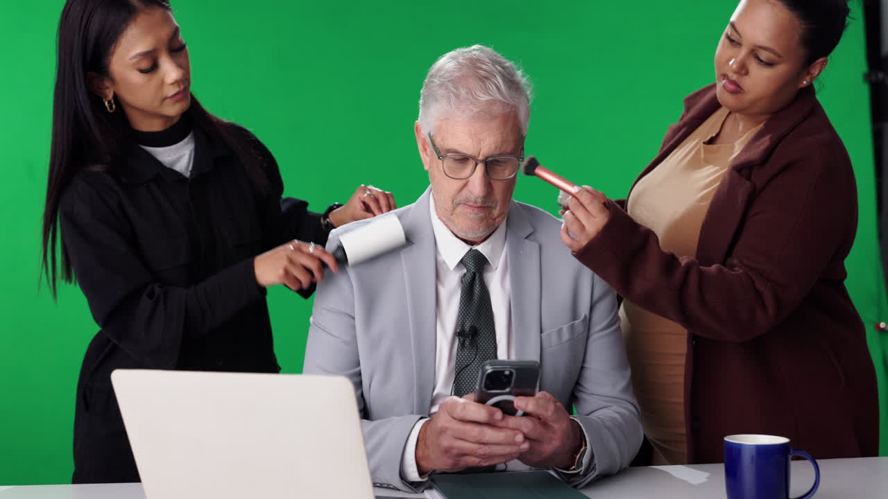 Preparing for a film or television shoot on green screen set