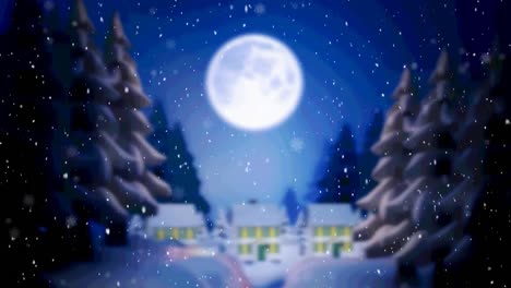 Animation-Von-Schnee,-Der-über-Eine-Winterlandschaft-Fällt,-Mit-Mond-Im-Hintergrund
