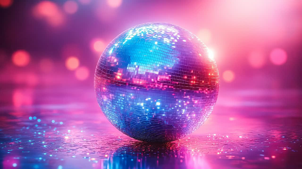 Una palla da discoteca brilla nella notte. La palla da discoteca riflette le luci mentre la musica suona a un evento di ballo, in un'atmosfera piena di energia ed entusiasmo.