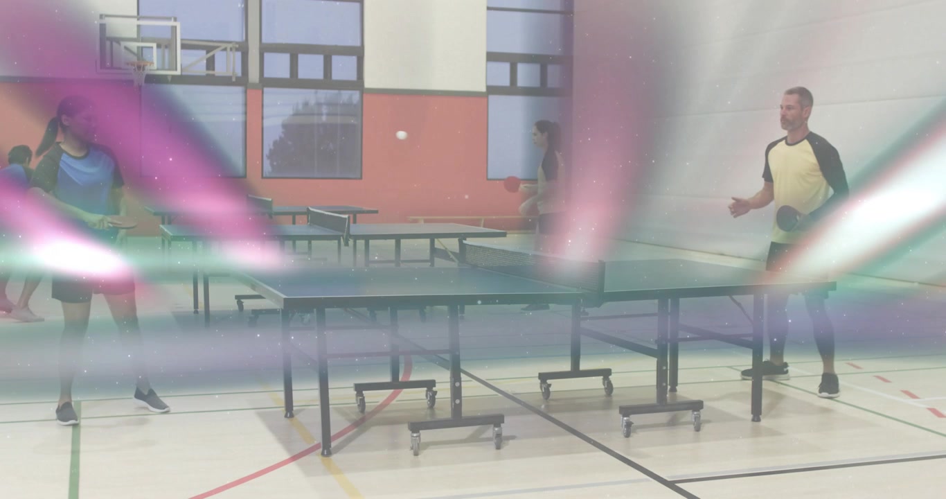 Mid-adult woman serving ball and starting rally in sports court with animated path guiding players