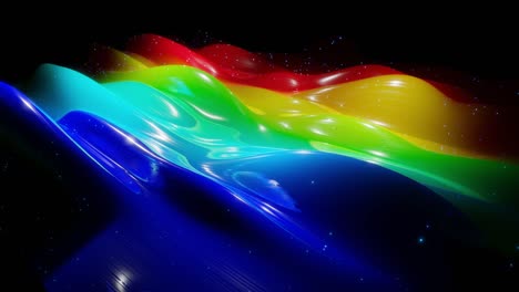 superficie 3d abstracta con hermosas olas, chispas luminosas y gradiente de colores brillantes, colores del arco iris. las olas corren en una superficie muy brillante y brillante con brillo brillante. animación en bucle 4k