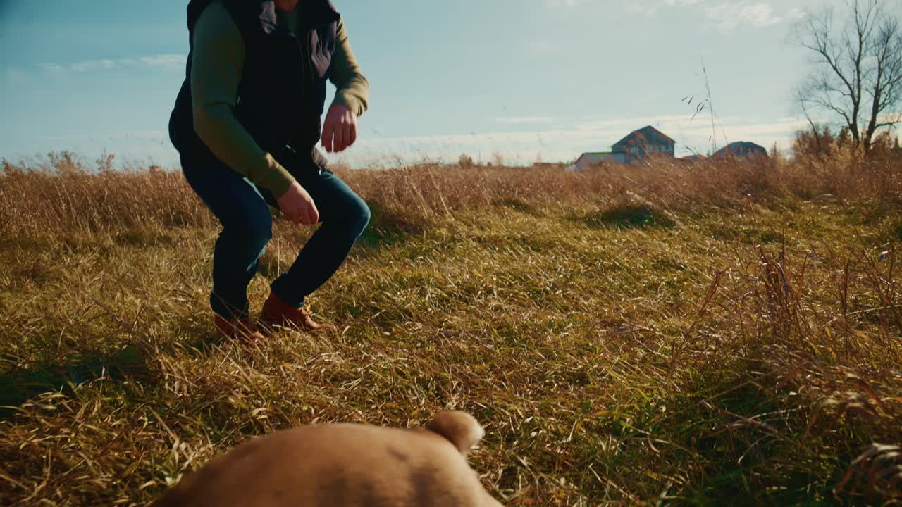 Un incontro gioioso tra un uomo e il suo cane giocherellone in un campo soleggiato all'aperto, che mostra il legame di amicizia e divertimento mentre si godono un momento di gioco interattivo insieme nella natura