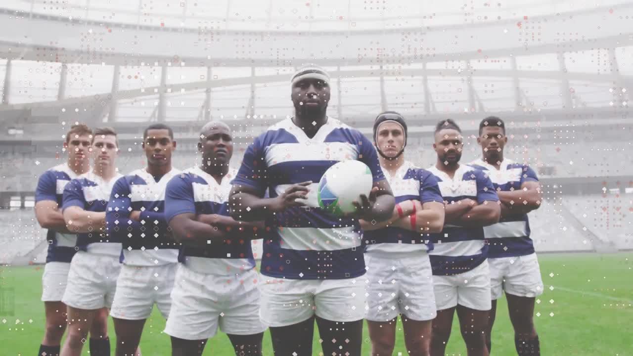 경기장에서 경기 중 남성 럭비 선수들에 대한 스 ⁇ 의 애니메이션