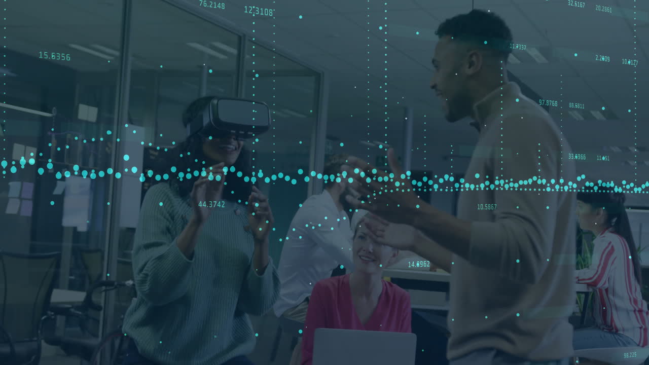 Using virtual reality headset, people in office viewing animation data visualization