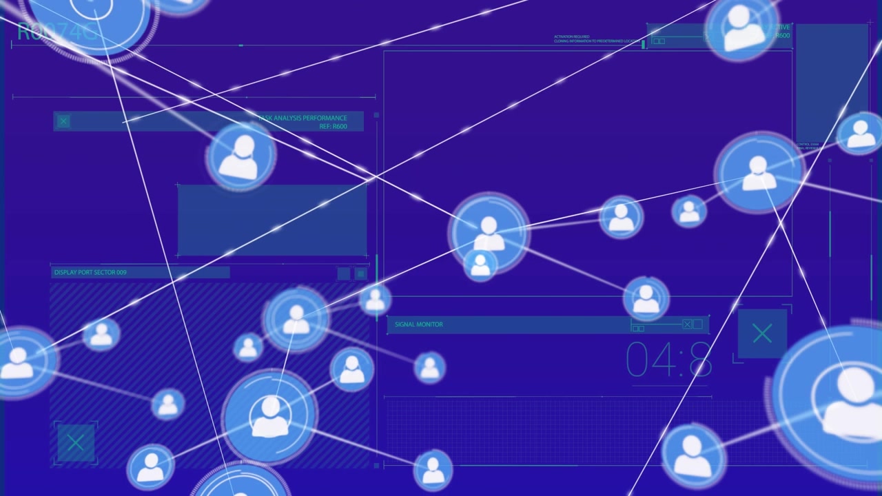 Network of digital icons against network of digital icons against blue background