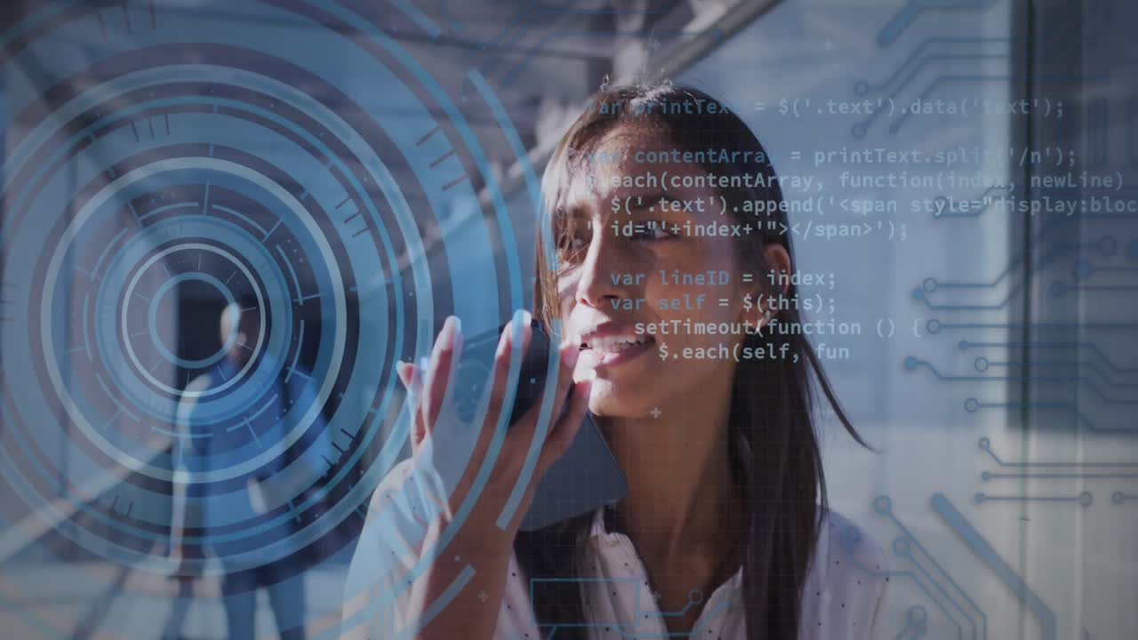 Animation of financial data processing over biracial businesswoman with smartphone in airport