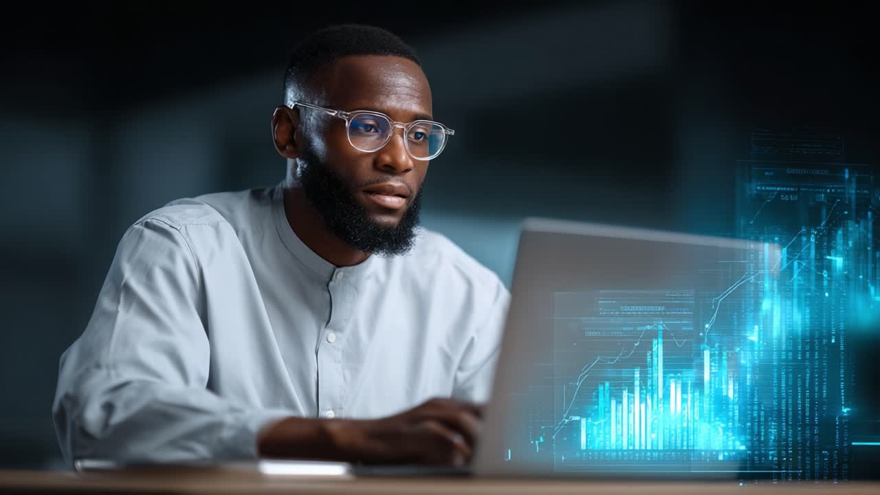 Focused Professional Engaging with Data Visualization on Laptop, Analyzing Financial Metrics and Trends in a Modern Workspace Setting