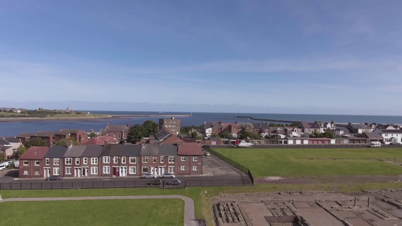 River Tyne With Typical Houses In Coastal Town Of South Shields From Arbeia In Tyne And Wear, England, United Kingdom. - aerial