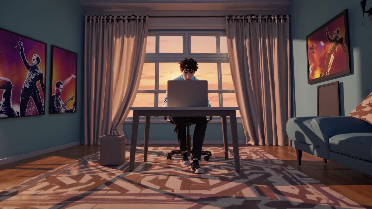 따뜻한 해가 지는 빛으로 조명 된 편안한 가정 사무실 공간, 노트북에 집중 한 남자가 가정 환경에서 생산적인 작업을 제안합니다.