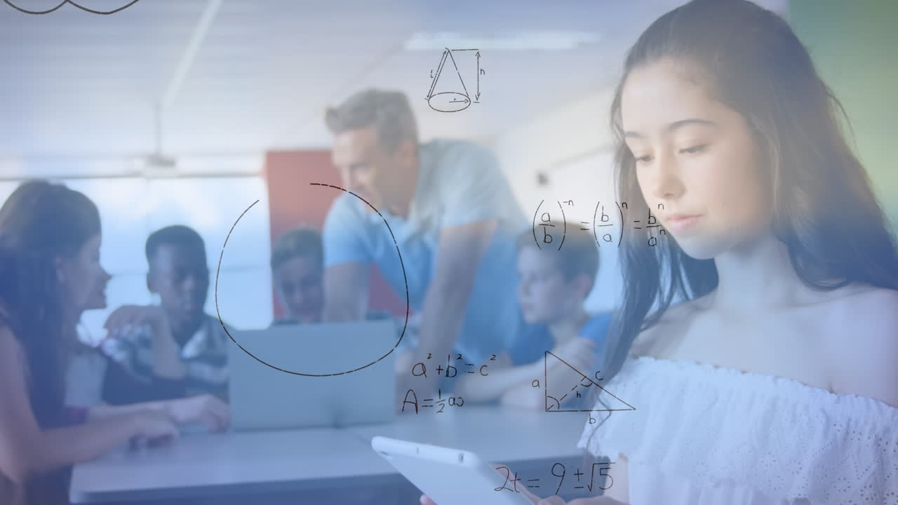 교사와 함께 다양한 학생 그룹에 걸쳐 떨어지는 수학 수식의 애니메이션