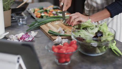 Hands-of-biracial-woman-chopping-vegetables-using-tablet-in-kitchen,-slow-motion