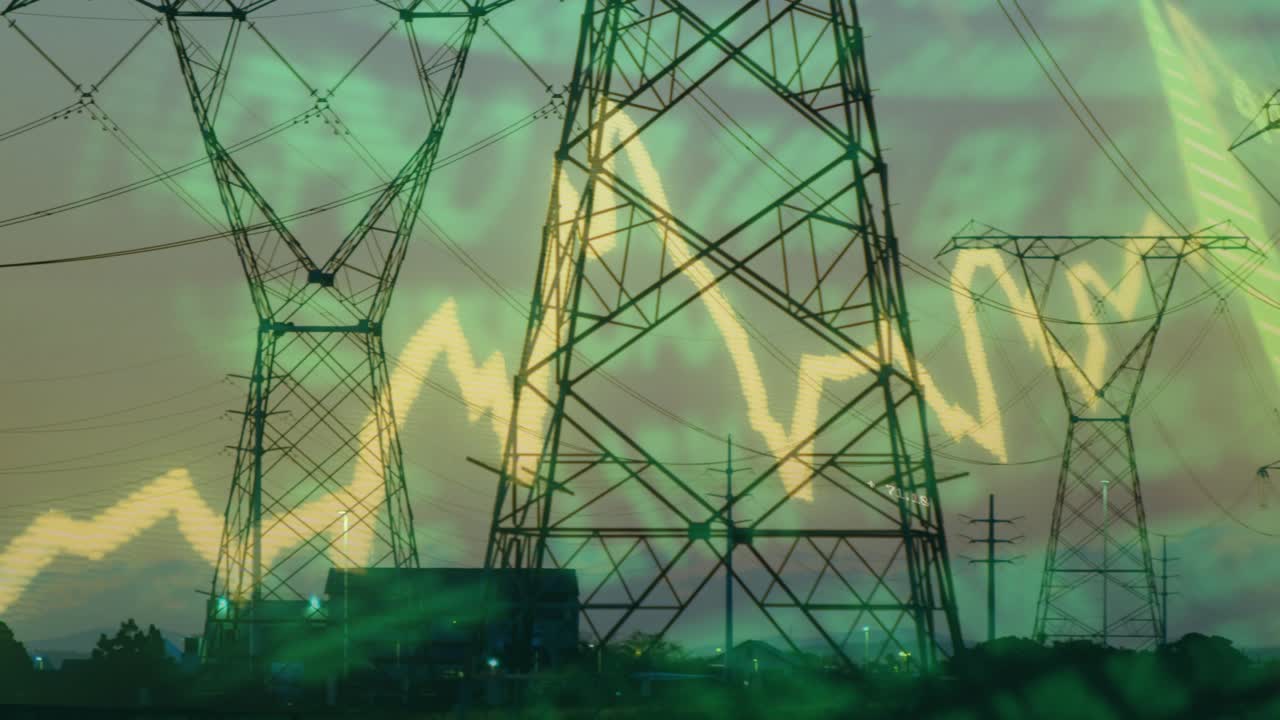 Camera shifting right, revealing lattice towers while line chart moving, showing corridor growth