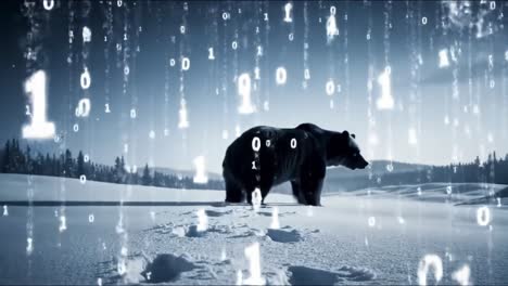 in a serene winter landscape, a bear walks through fresh snow as binary code cascades from above, creating a blend of nature and technology.