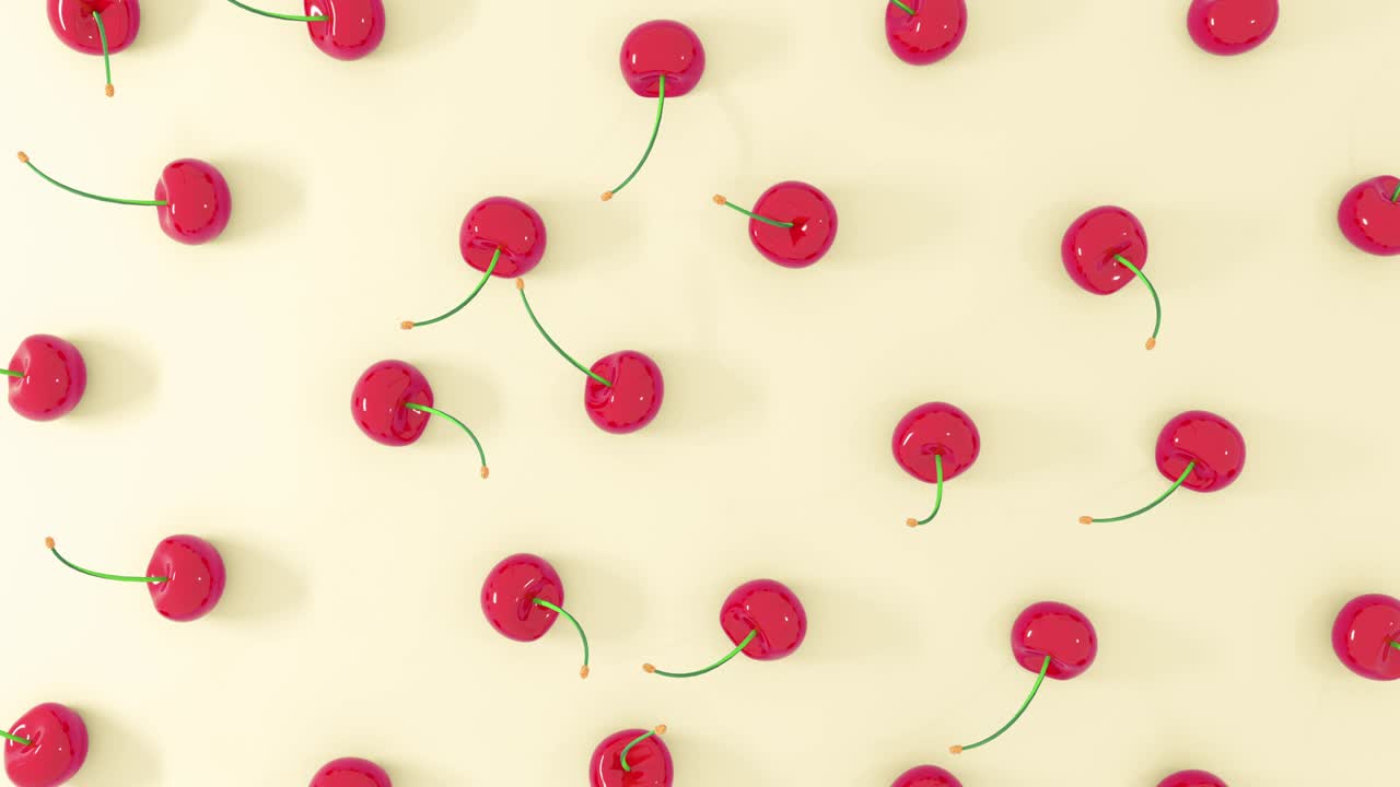 Render 3D buah ceri merah segar dengan latar belakang pastel. Animasi loop render 4K.