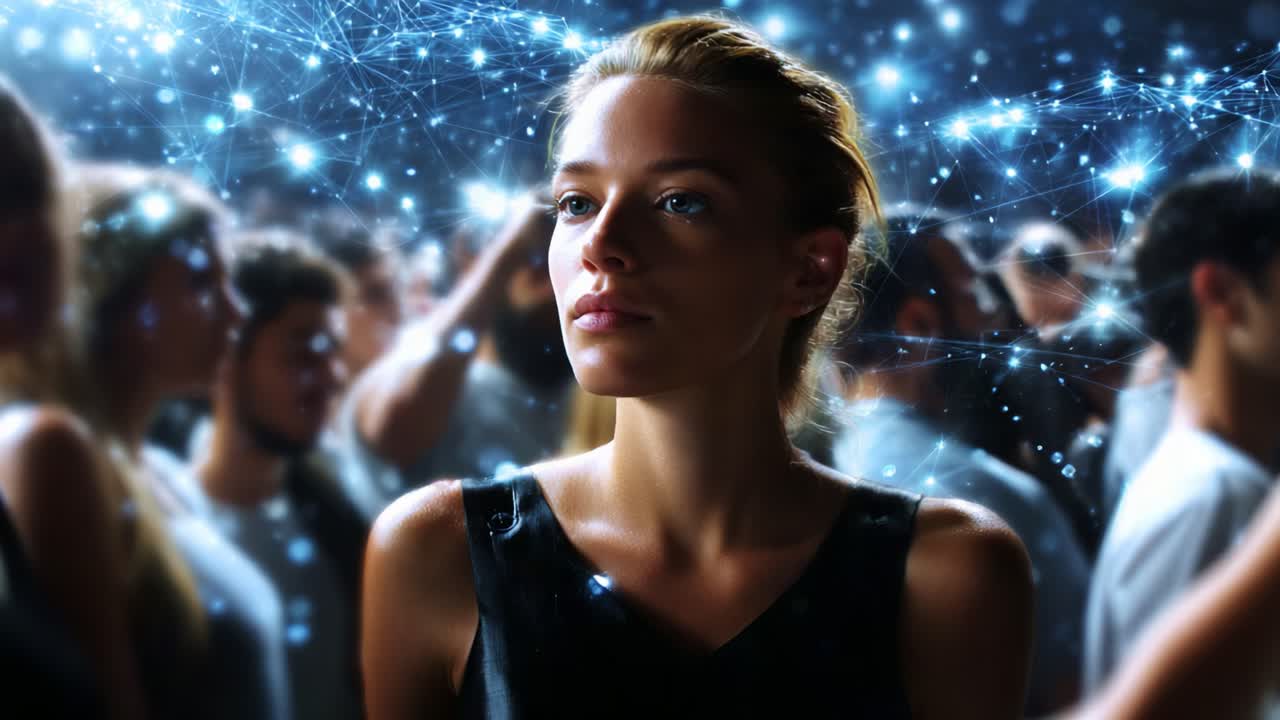Amidst a Sea of Faces, a Sole Individual Shines with a Dreamy Expression, Surrounded by an Ethereal Glow of Light Particles, Representing Connection and Individuality in a Crowd