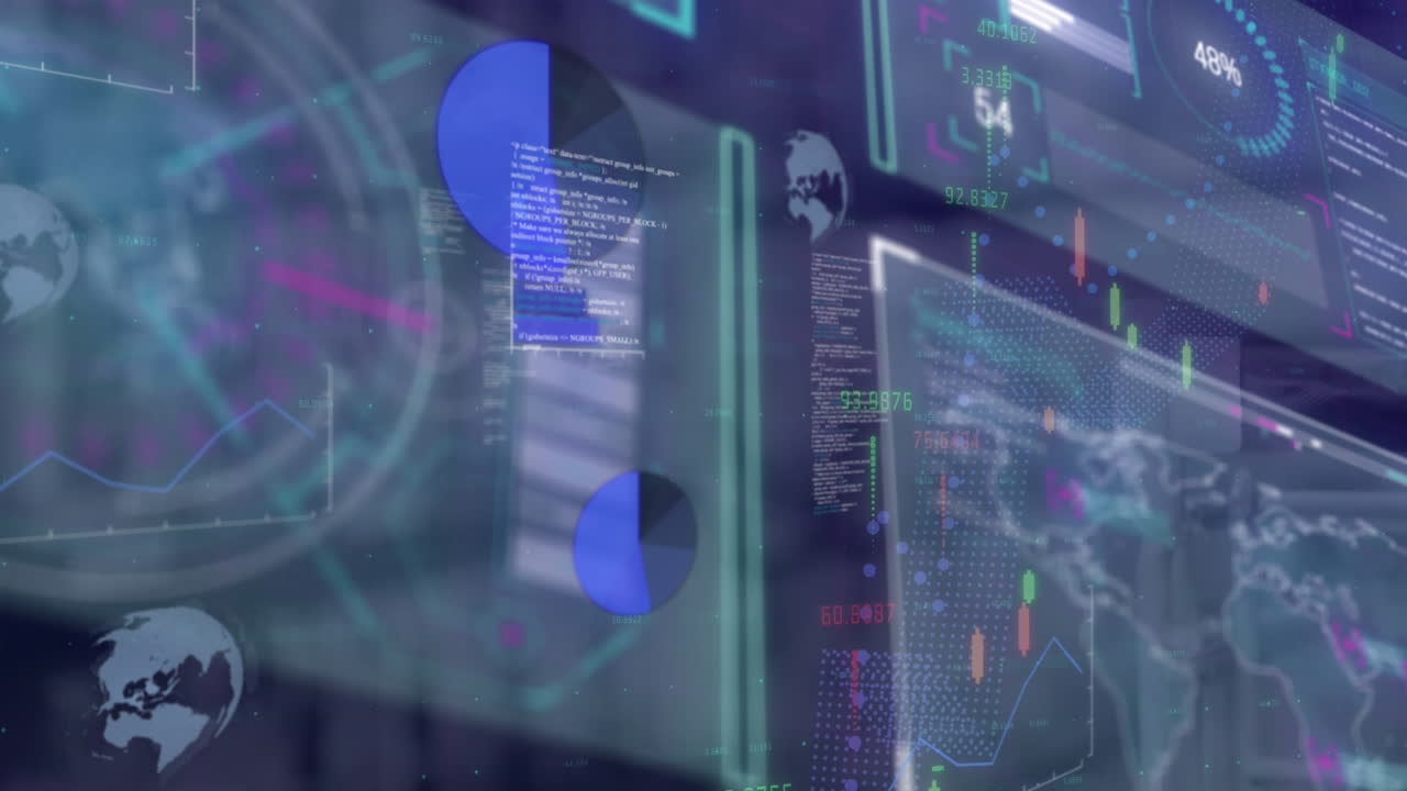 animación de la interfaz con el procesamiento de datos financieros contra un fondo púrpura.