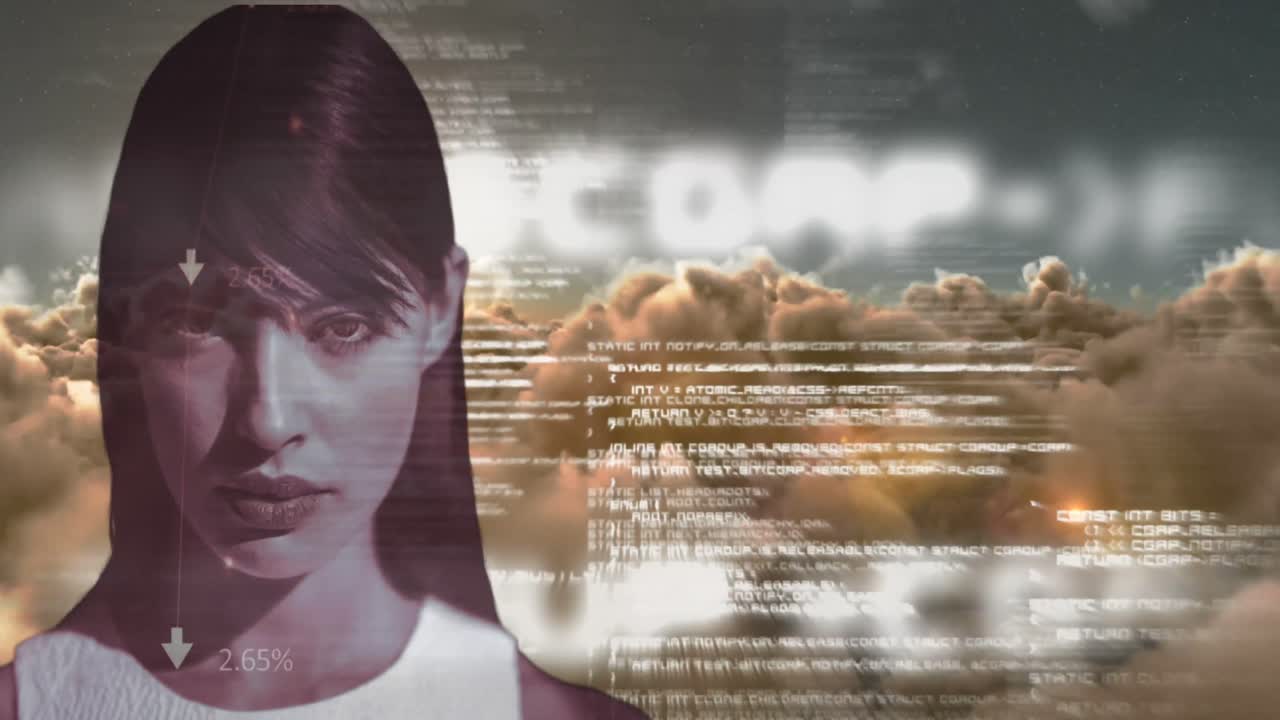 animación del retrato de una mujer sobre el procesamiento de datos contra el cielo con nubes